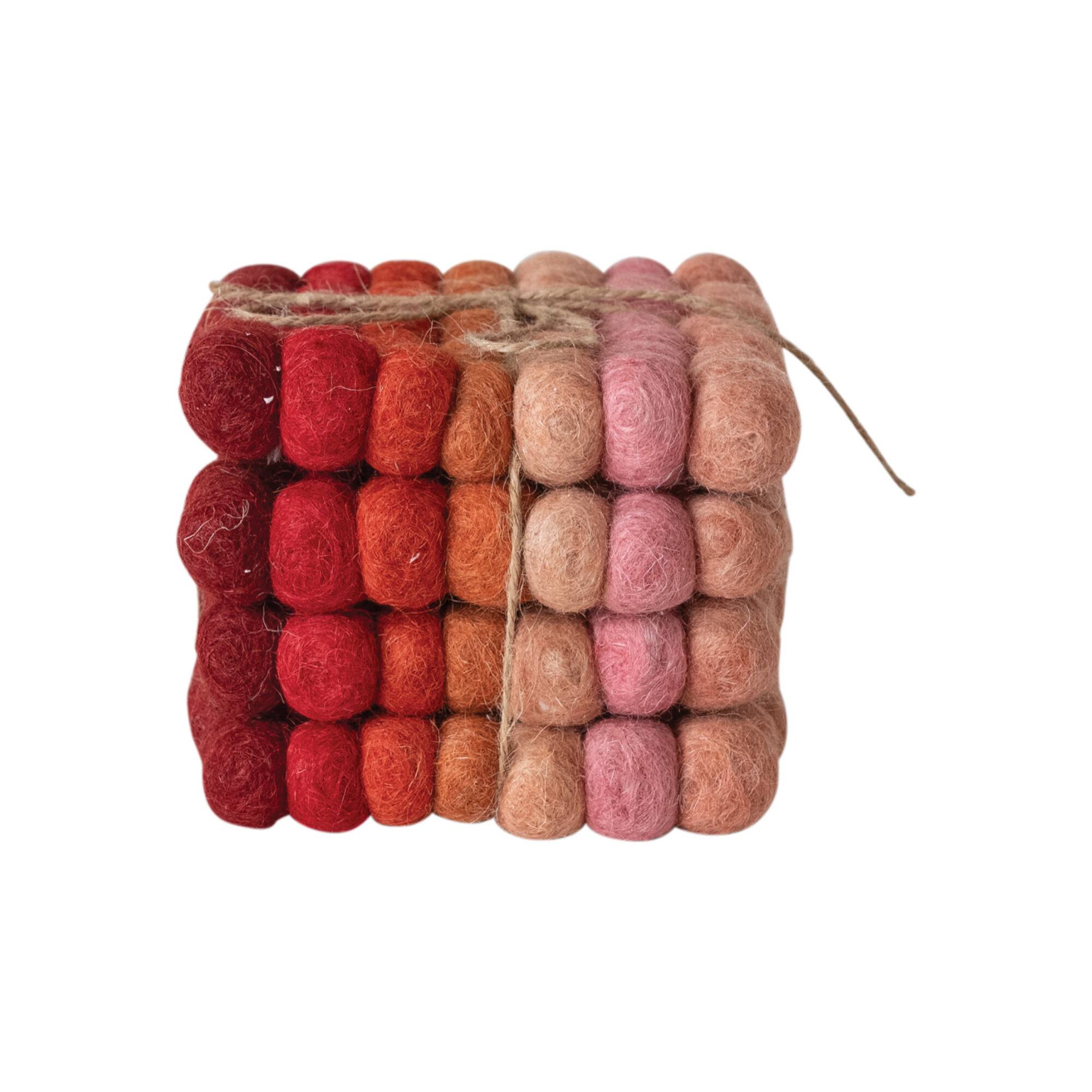 Hello Honey® 4" Red, Pink & Blush Handmade Wool Felt Ball Coaster Set